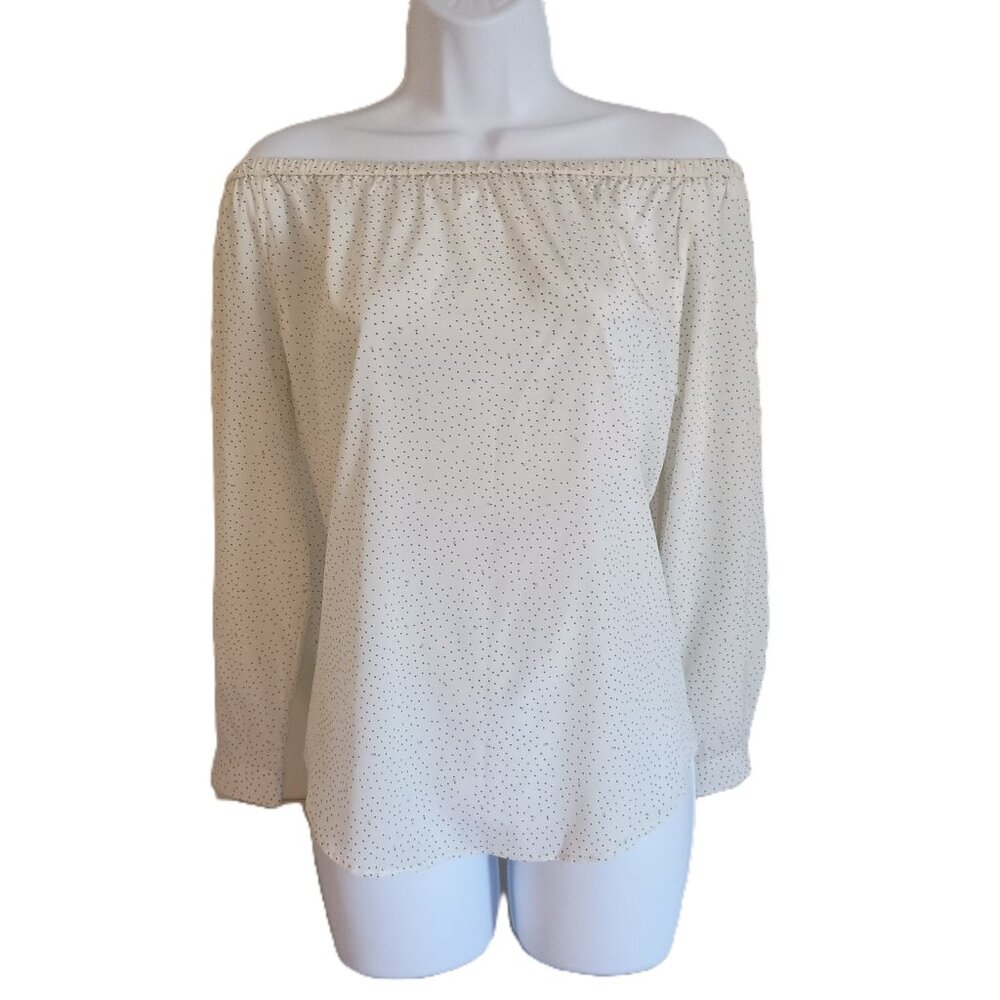 Rag and Bone Silk White with Black Gray Dots Off-Shoulder Shirt Woman’s Size XS